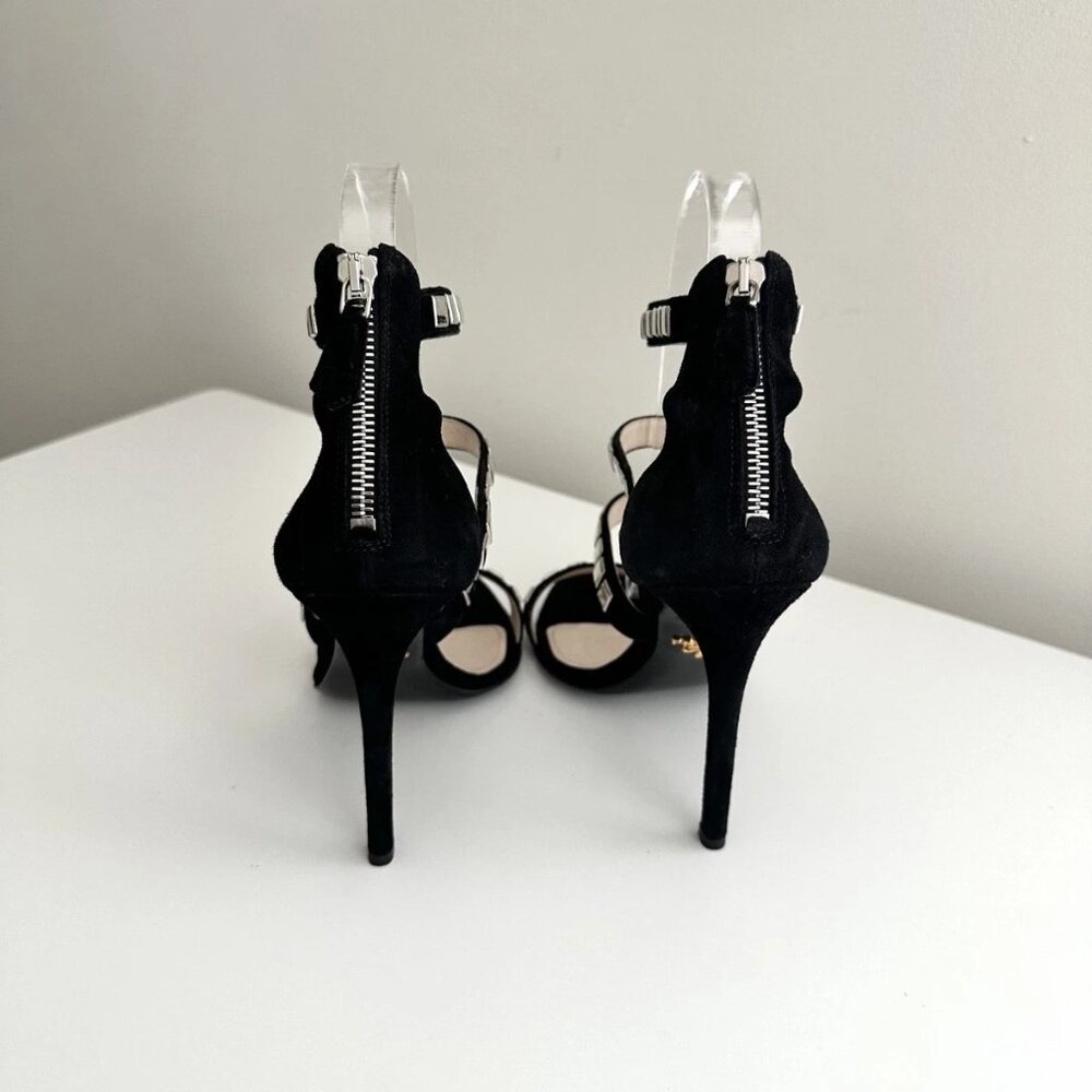 PRADA Black Suede Silver Studded Strappy Sandals Heels Size 38.5 (US 8.5) - Picture 9 of 11